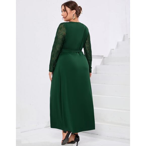 Plus Size 2X Fashion Lace Patchwork Long Sleeve V-Neck Maxi Floor Length Dress - Picture 3 of 4
